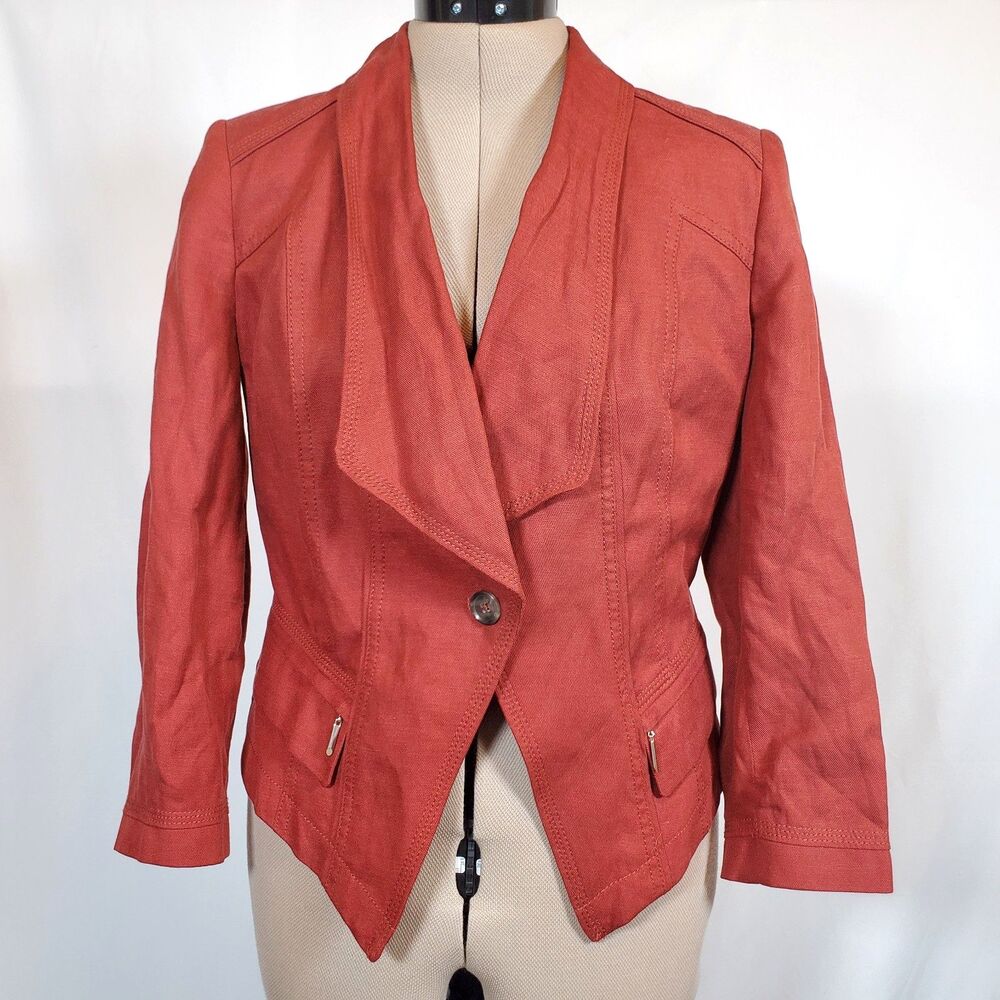 White House Black Market Women's Jacket Size 4 Red Cotton Linen Blend WHBM